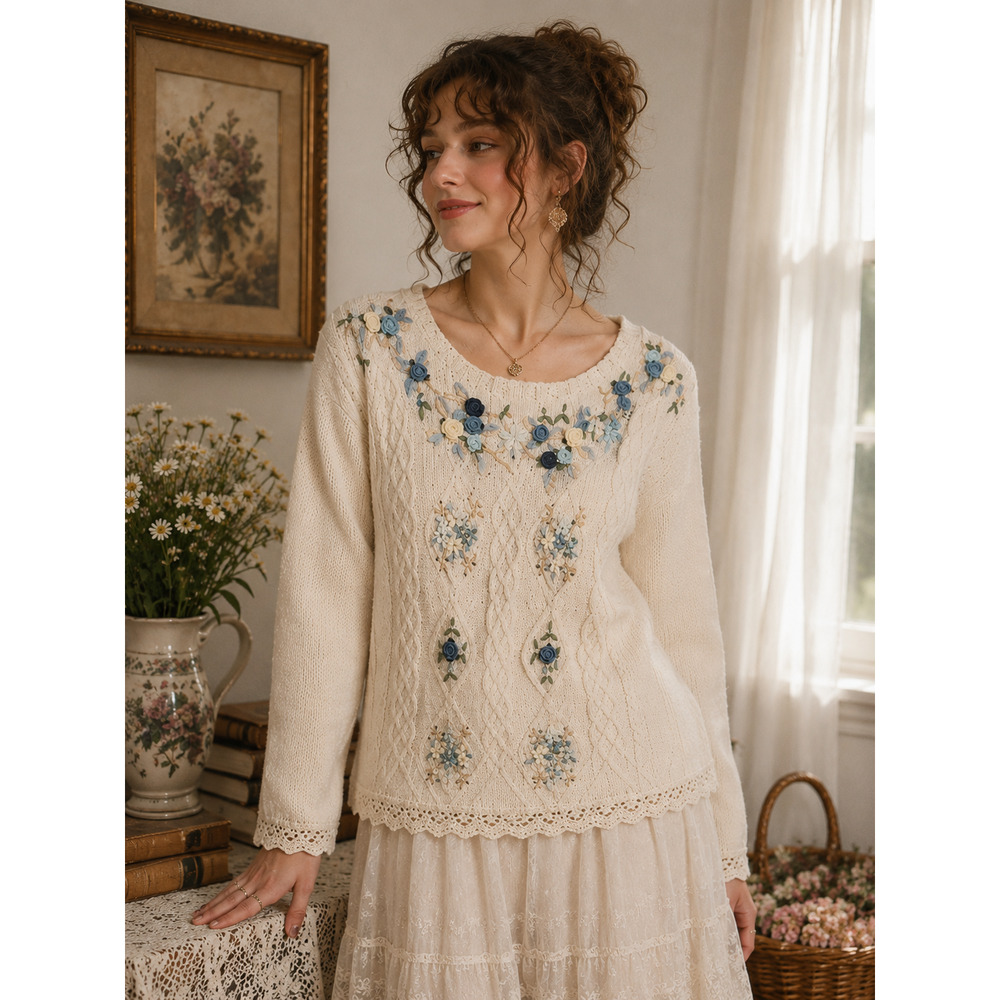 Shenanigans Floral 3D Knit Sweater Cottagecore Boho Peasant Grannycore Cozy M